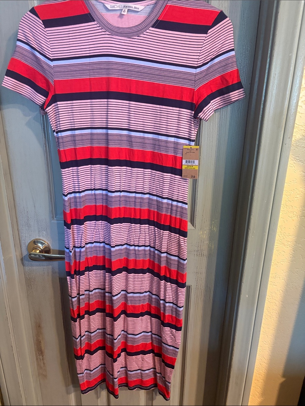 RACHEL Rachel Roy Red, Navy & Light Pink Striped Knit Midi Dress